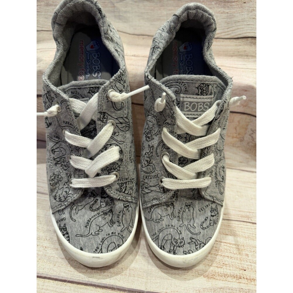 Women Bobs From Skechers Memory Foam Cats Print Slip On Gray Loafers Size 10